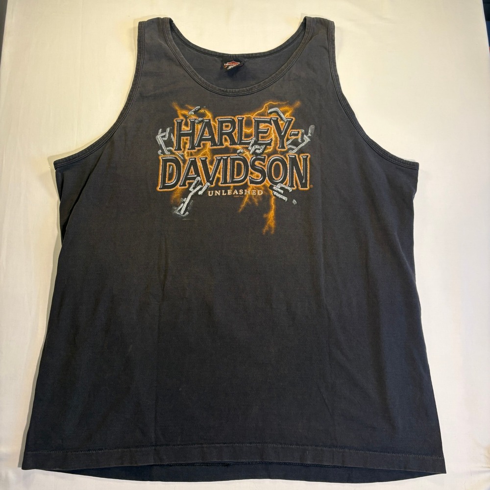 Vintage 2007 Harley Davidson Unleashed Tank Top Black Graphic Muscle Shirt 2X